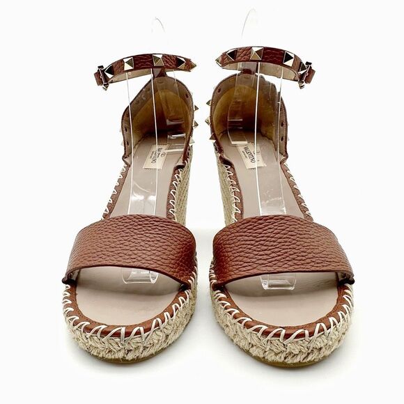 VALENTINO Brown Rockstud Espadrille Wedge Heels Size 40 Peep Sandal Ankle Strap - Picture 8 of 14